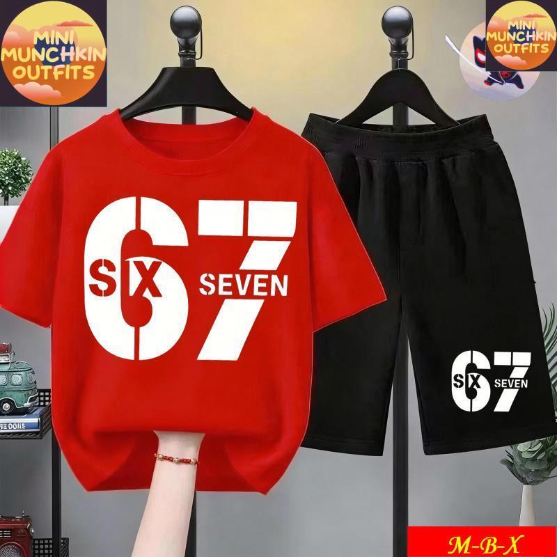 [COD]New!!![ 2026-ใหม่!ประเทศไทยมีสินค้าในสต็อก!ชุดเสื้อยืดแขนสั้นคอกลมสำหรับเด็กผู้ชาย 67 Six Seven Meme ดีไซน์หมายเลข