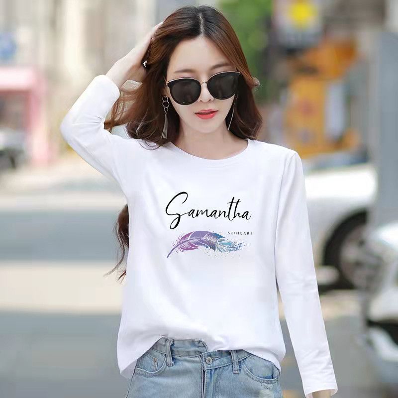 Cod Combed Cotton Pure White เสื้อยืดแขนยาวผู้หญิงหลวมฤดูใบไม้ผลิฤดูใบไม้ร่วงสไตล์ใหม่รอบคอสไตล์บางเ