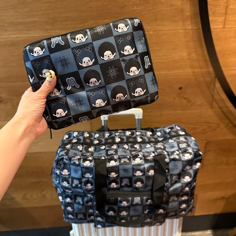 Monkikie กระเป๋าเดินทางการ์ตูน Lattice ขนาดใหญ่-ความจุแบบพกพาพับเก็บกระเป๋า Duffel กระเป๋า