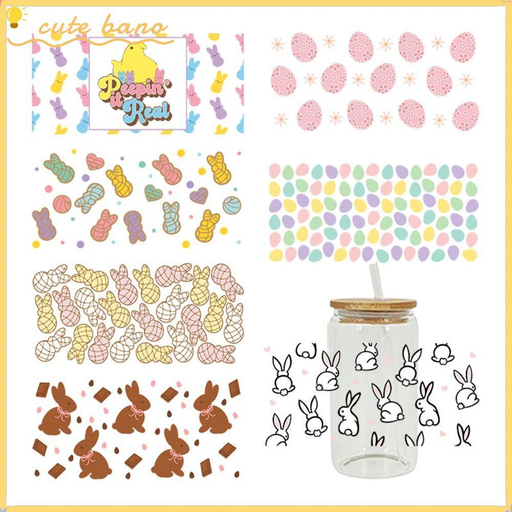 BANO ถ้วยห่อ,เหล็กบนธีมอีสเตอร์ UV DTF Transfer สติกเกอร์, Creative DIY Decals กันน้ําทนอุณหภูมิสูง Transfer ถ้วยสติกเกอร์ 16OZ ถ้วยแก้ว