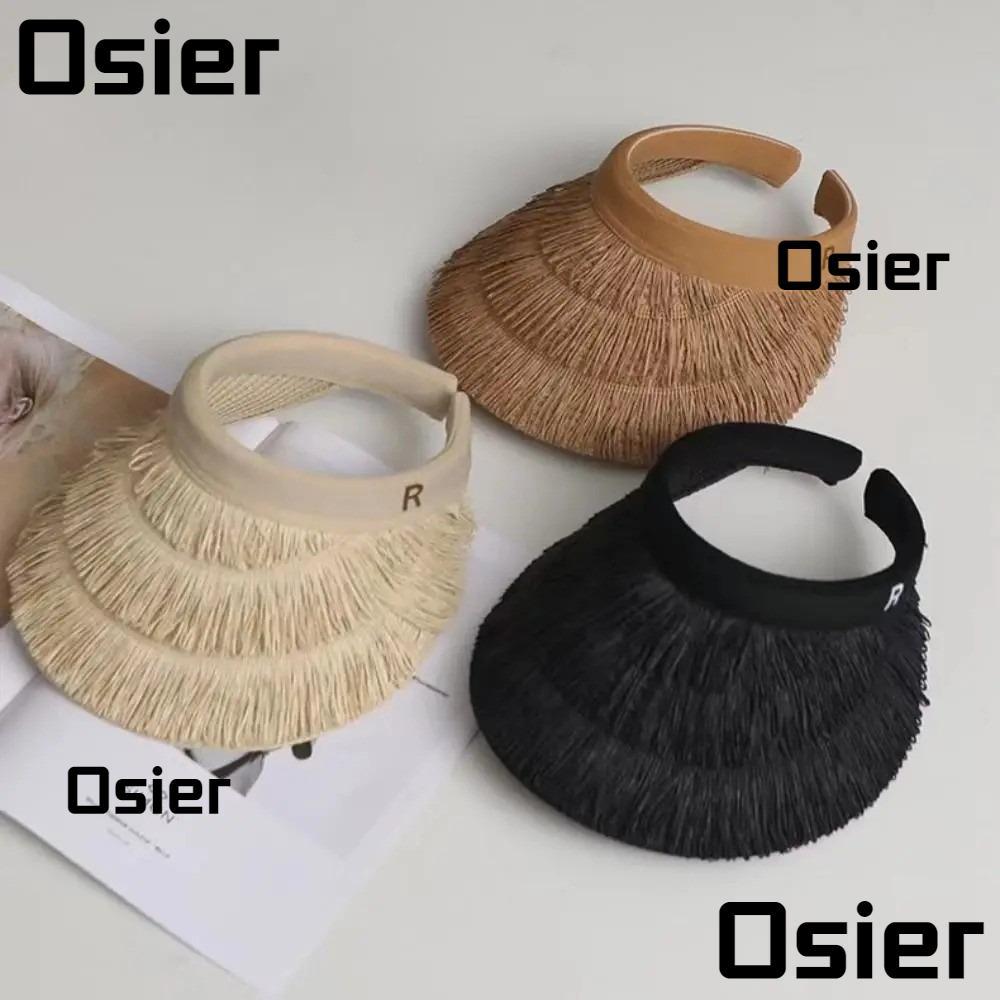 หมวกฟาง OSIER, หมวกกันแดดปีกกว้างดีไซน์พู่, ถักเปียฟางแฟชั่นป้องกันรังสียูวีที่ว่างเปล่าด้านบน Sunhat ฤดูร้อนกิจกรรมกลางแจ้งใช้