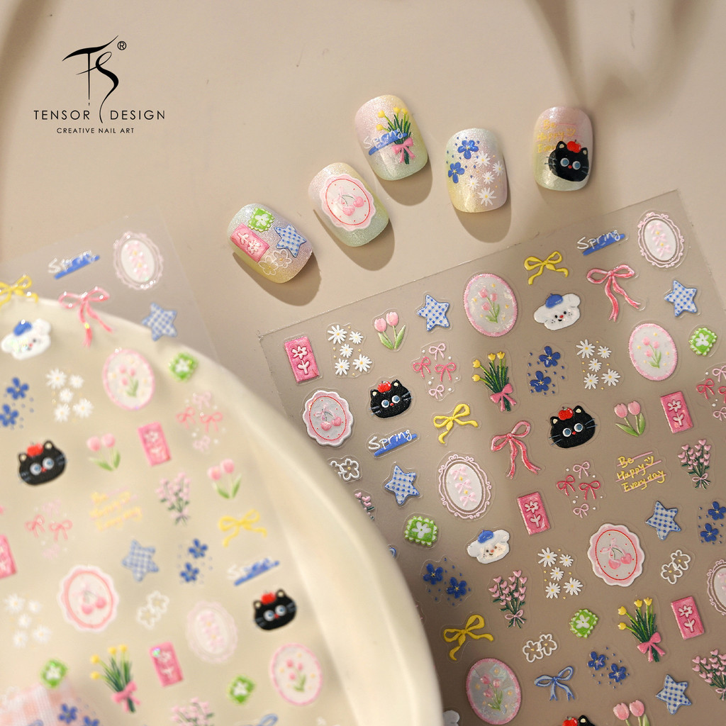 [Meow.Sensei] Iron Spring Fresh Black Cat Flower Handbook Nails Sticker m1408 Japanese Style Bow Star Nails Sticker