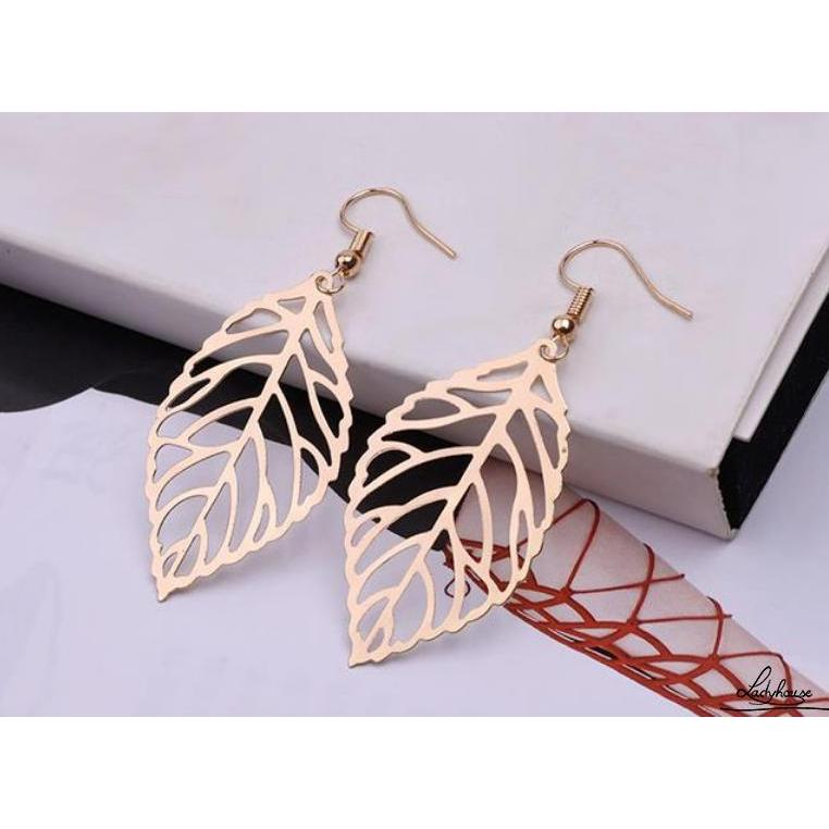 （Discount）-ผู้หญิง Leaf Shape Dangle ต่างหูโลหะกลวงยาว Statement Drop ต่างหูแฟชั่นเครื่องประดับ