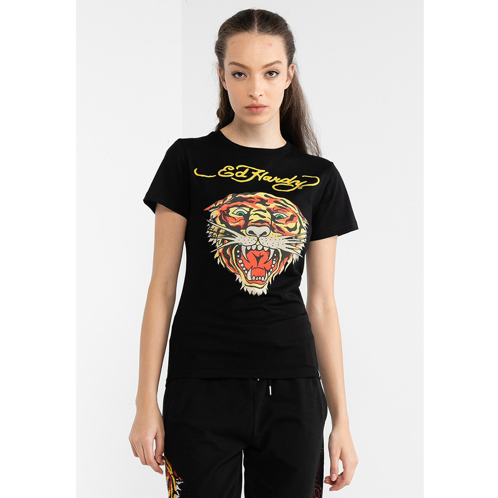 เสื้อยืดคลาสสิก Edhardy พิมพ์ลายตัวอักษรเสือผ้าฝ้ายแท้สําหรับผู้ชายและผู้หญิงแขนสั้น