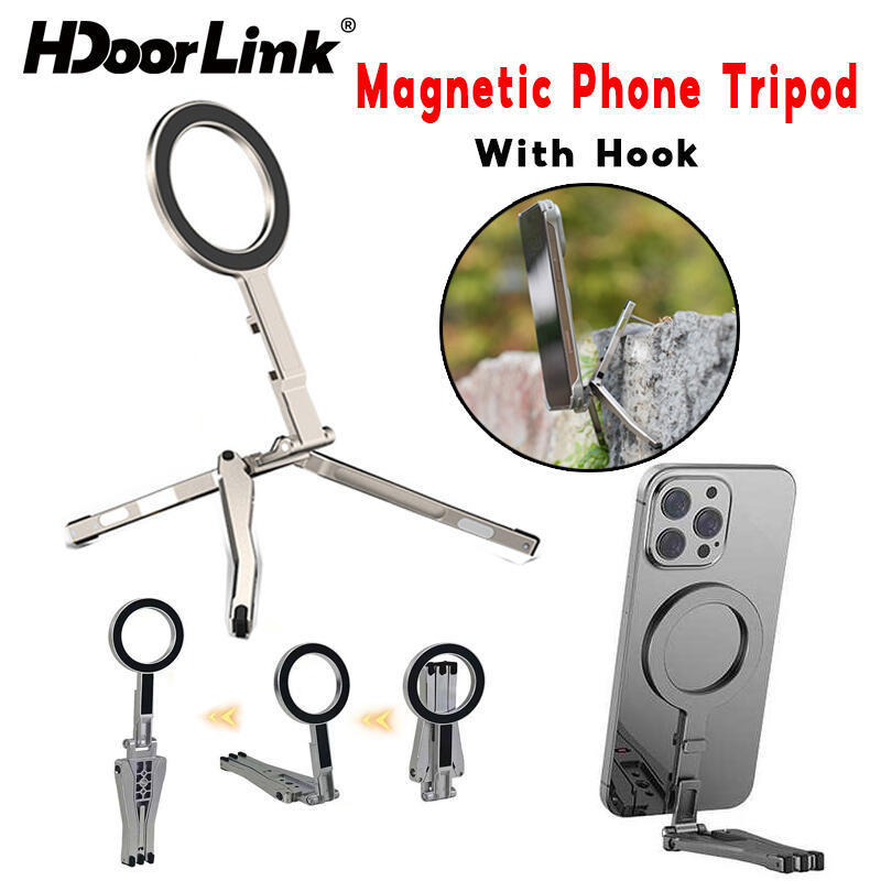 HdoorLink ขาตั้งกล้องโทรศัพท์แม่เหล็กแบบพับได้พร้อมตะขอสําหรับโทรศัพท์ IOS ขาตั้งกล้อง Android ขาตั้งโทรศัพท์