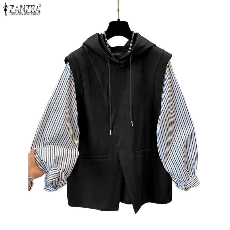 ZANZEA ฮู้ดี้ผ้าแพตช์เวิร์คสำหรับวัน.daily.casual.พร้อมสายคล้อง.Drawstring Hoodie สำหรับผู้หญิง