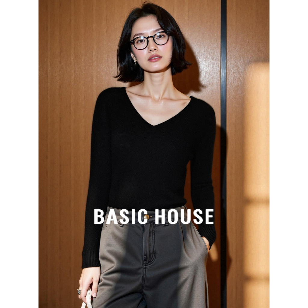 Basic House/Basic House 100% ขนสัตว์ V คอเสื้อกันหนาวขี้ผึ้งนุ่มผู้หญิง 2026 ฤดูใบไม้ผลิ Basic House