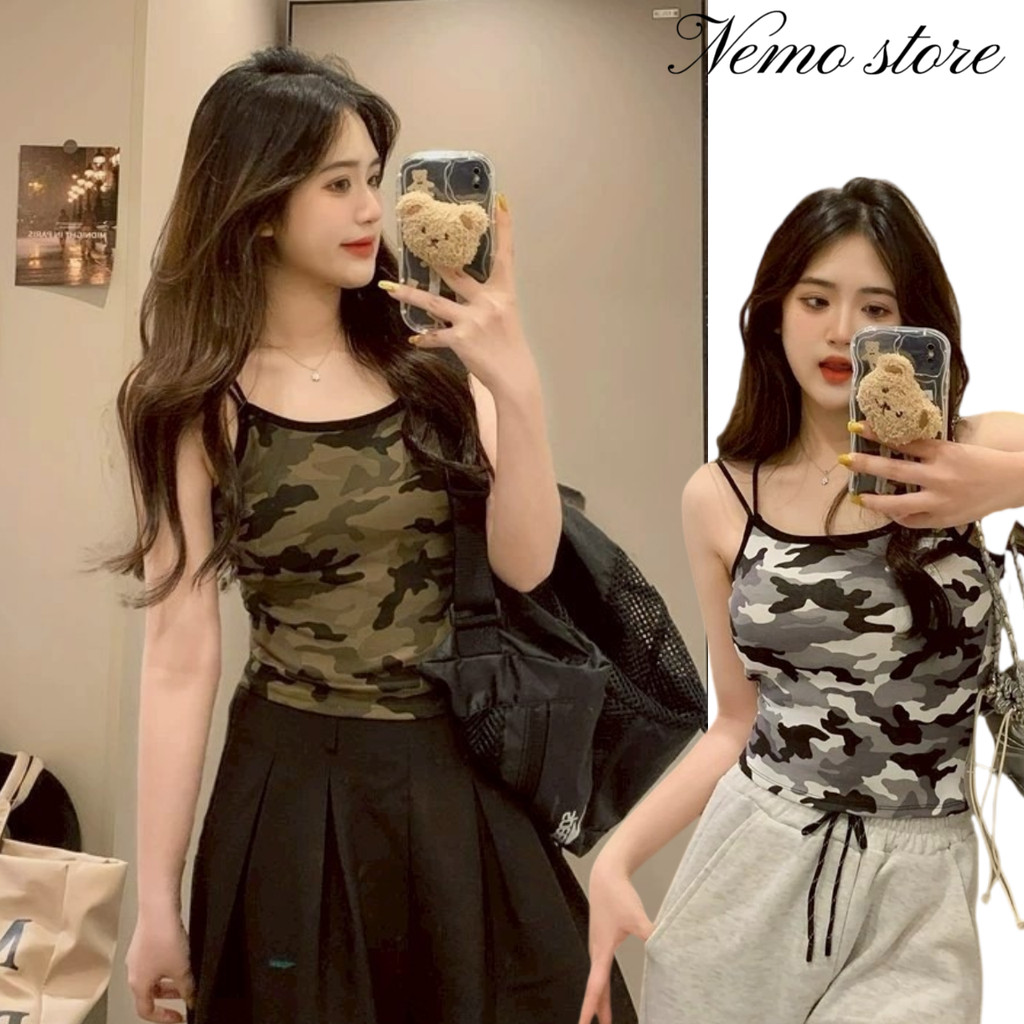 Nemo store🌸# FY851#1 เสื้อสายเดี่ยว ลายพลางทหาร สีพื้นใส่ง่ายสบาย มีฟองน้ำ