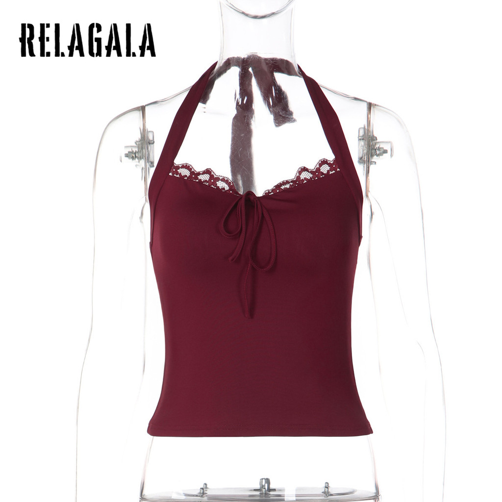 RELAGALA เสื้อชั้นในหญิงขอบลูกไม้ สไตล์เซ็กซี่Halтер โทปส์ สีทึบ — صورة 6