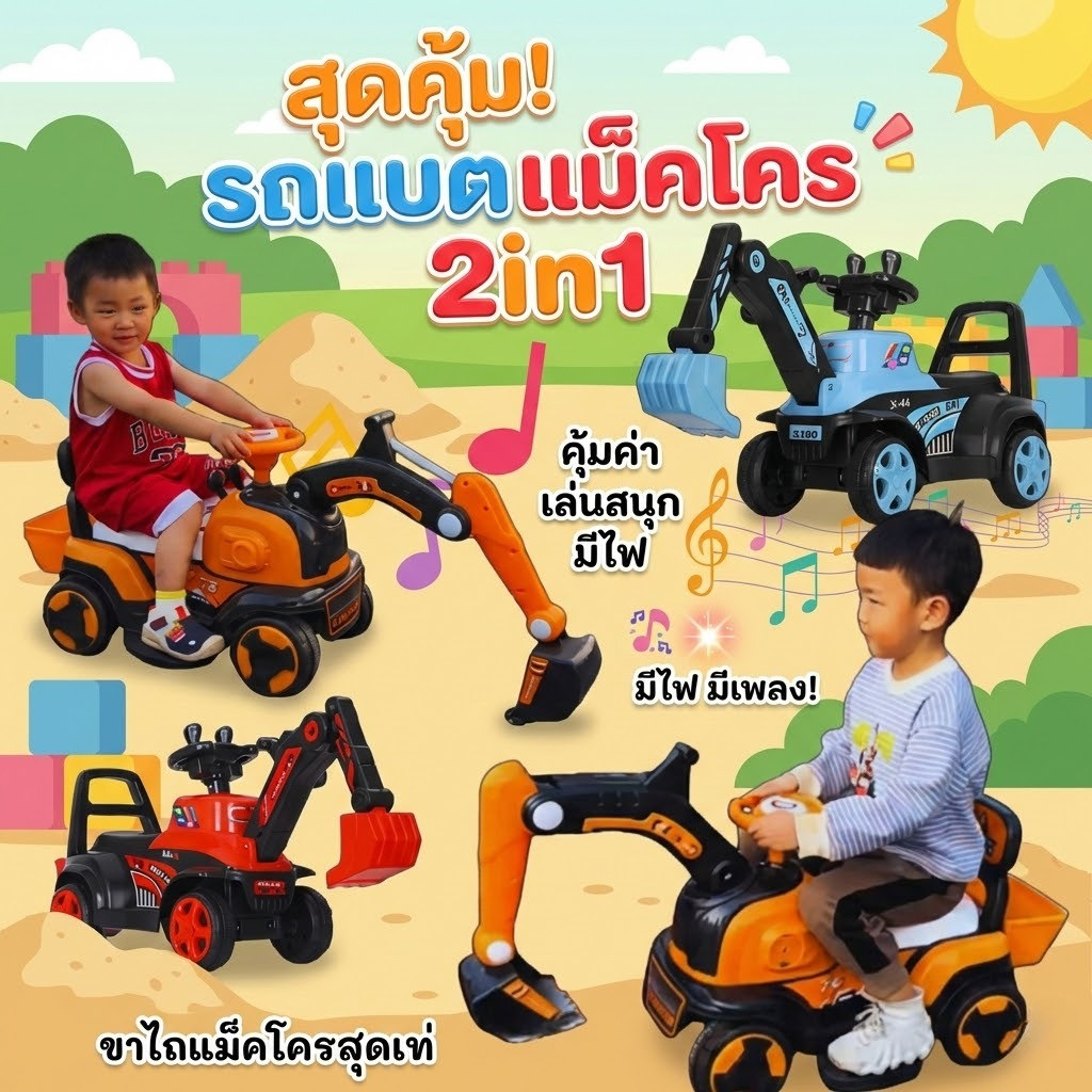ส่งจากไทย🔸รถแมคโครไฟฟ้า และรถแมคโครขาไถของเล่นเด็ก ที่ตักดินสามารถตักขึ้นลงได้ มีไฟ มีเสียงเพลง ใต้เบาะสามารถเก็บของได้