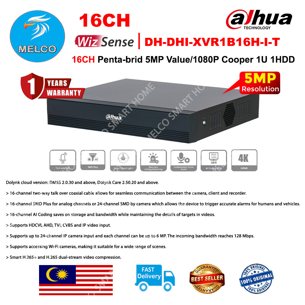 Dahua 16CH 5MP Full HD กล้องวงจรปิด DVR DH-XVR1B16H-I/T – รองรับรีโมท P2P, เสียง 2 ทิศทาง, TVI CVI A