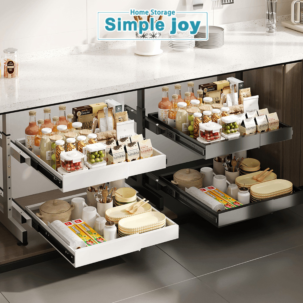 SimpleJoy ชั้นเก็บตู้ครัวแบบดึงออก 2 ชั้น พร้อมขาตั้งด้านข้าง ตะกร้าแบบพับเก็บได้