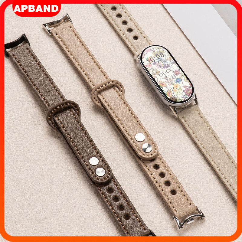 สายหนังแท้แบบเรียบหรู แบนด์และสายข้อมือสำหรับเปลี่ยนละเอียด for Xiaomi Mi Band 10 9 8 NFC for Mi Band 10 9 8