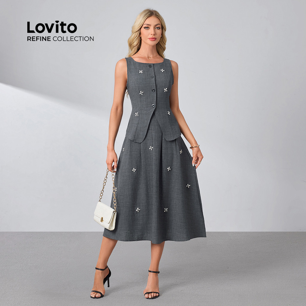 (Lovito Refine)  เสื้อหรือกระโปรงประดับหัวเข็มขัดประดับเพชรจีบสําหรับฤดูใบไม้ผลิ/ฤดูร้อน สีเทาเข้ม LR29L067 - รูปที่ 4