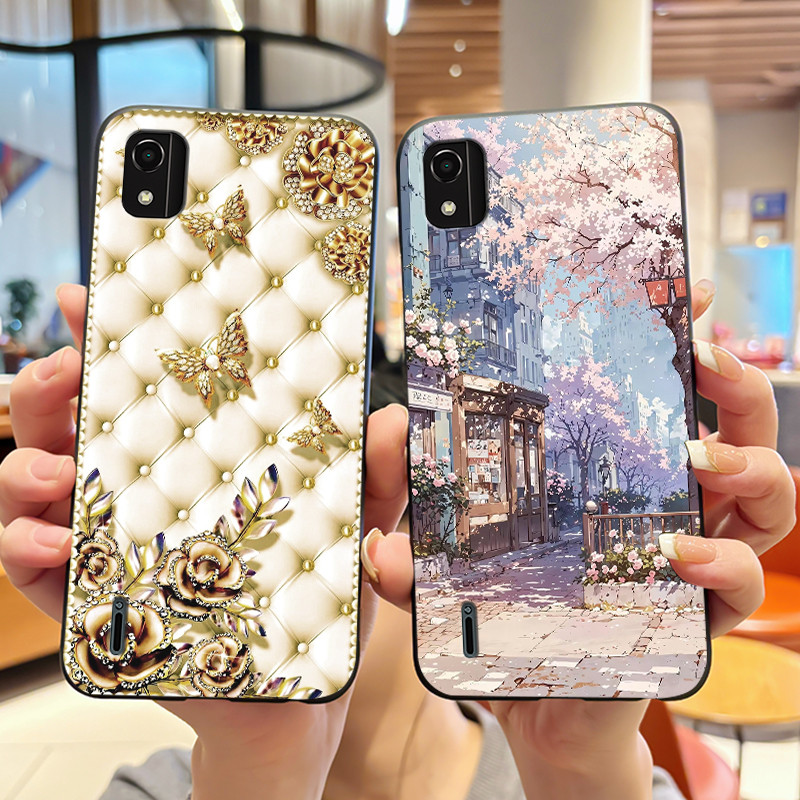 กรณีสีดําสําหรับ Nokia C2 2nd Edition Anti-Scratch Soft เคสโทรศัพท์ที่สวยงามมังงะสไตล์ Cherry Blosso