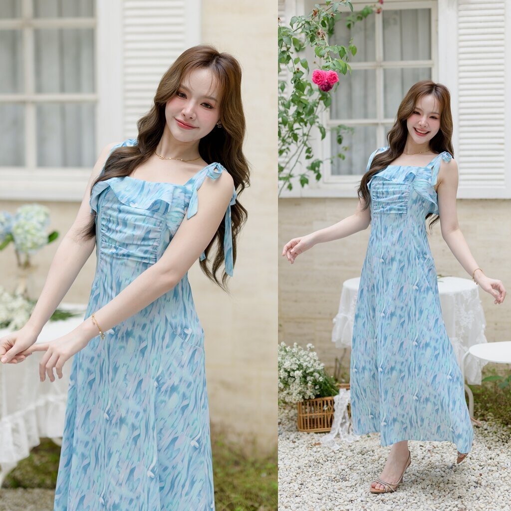 Love in a mist Maxi dress – ลายสีน้ำโทนสีฟ้า [Made by Pastel Time]