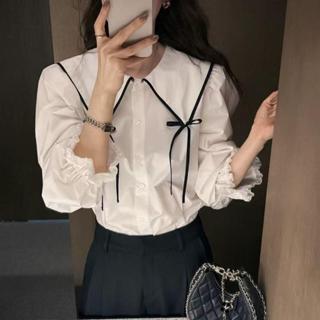 mimi&didi#เสื้อเชิ้ตปกแหลมผู้หญิง ตุ๊กตาสีขาวแขนยาว แฟชั่น เ…