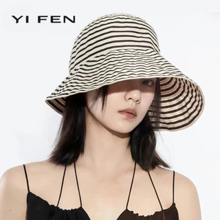 YIFEN หมวกกันแดดผู้หญิง ลายทาง (ขายดี)｜บักเก็ตปีกกว้าง｜ใส่แล้วหน้าเล็ก มินิมอล｜แฟชั่นหน้าร้อน