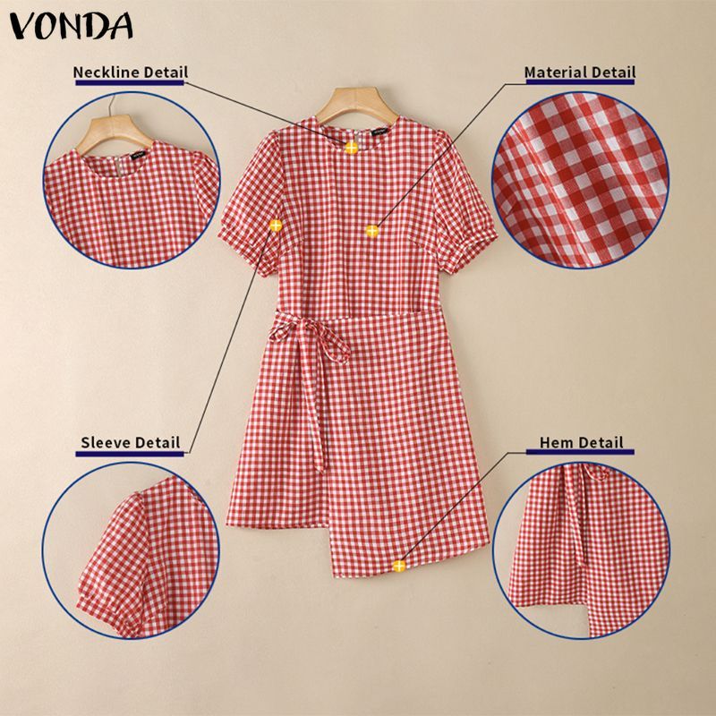 VONDA ชุดเดรสสไตล์ GIRLISH RETRO สำหรับผู้หญิง ดีไซน์ลูกเรือ คอพัฟ แขนทีไวน์ ลายสก๊อตแบบ A-LINE — صورة 7