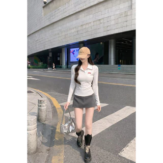 พร้อมส่งจากกทม เสื้อโปโลแขนยาวผู้หญิง ปักลายที่อก กระดุมหน้า ทรงเข้ารูป UMISO