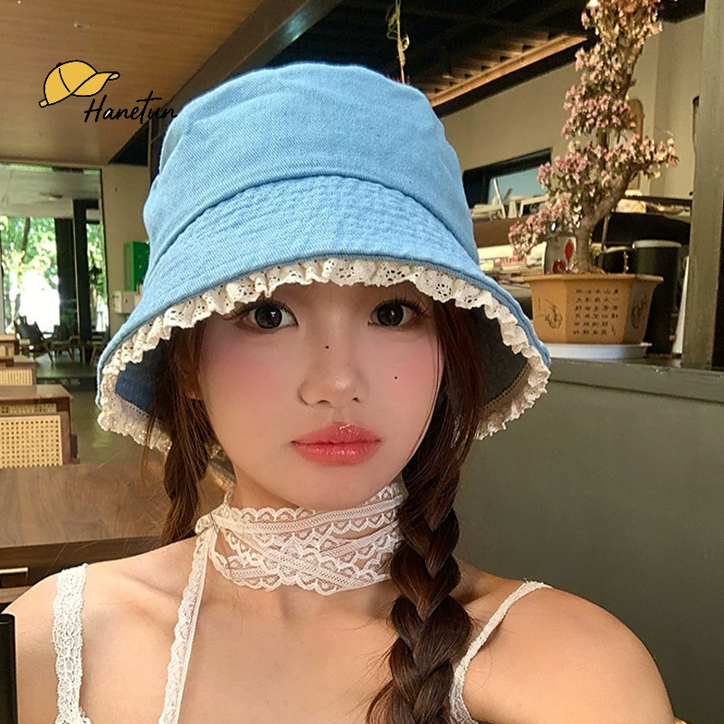 หมวกทรงบักเก็ตผ้ายีนส์แต่งลูกไม้สุดน่ารัก กันแดด สไตล์หมวกชาวประมง หมวกแฟชั่นนักศึกษาสำหรับผู้หญิง