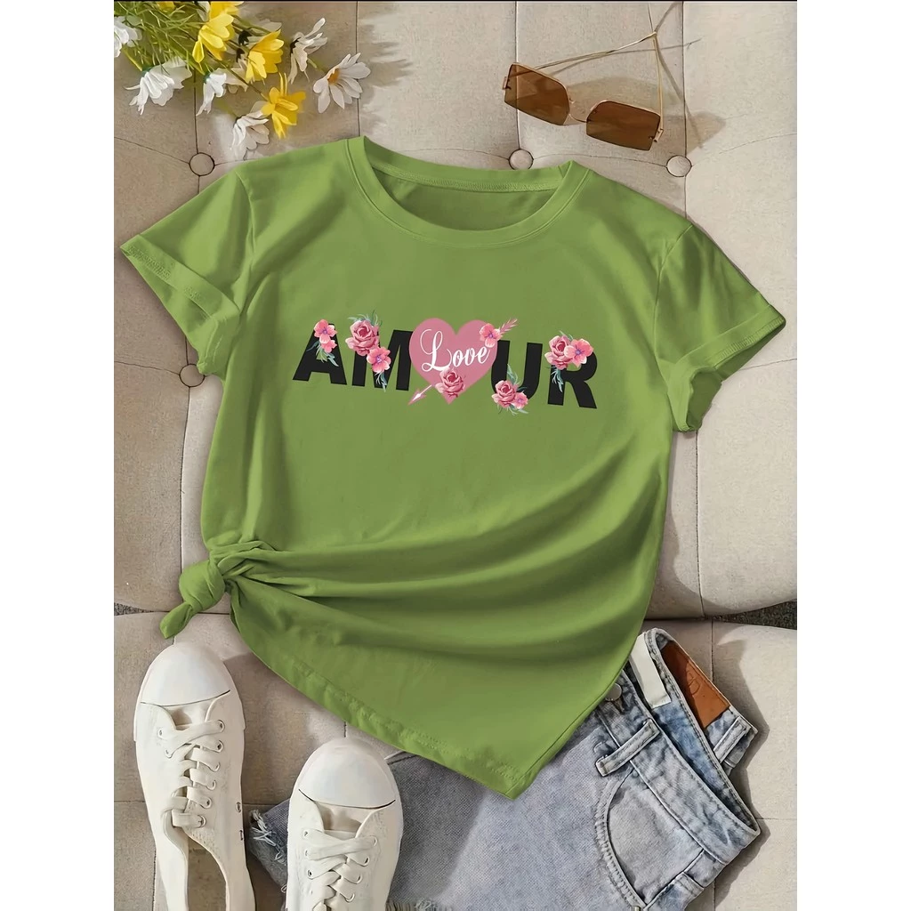 เสื้อยืดผู้หญิงคอวี AMOUR ลายหัวใจและดอกไม้สีชมพู thumbnail 5