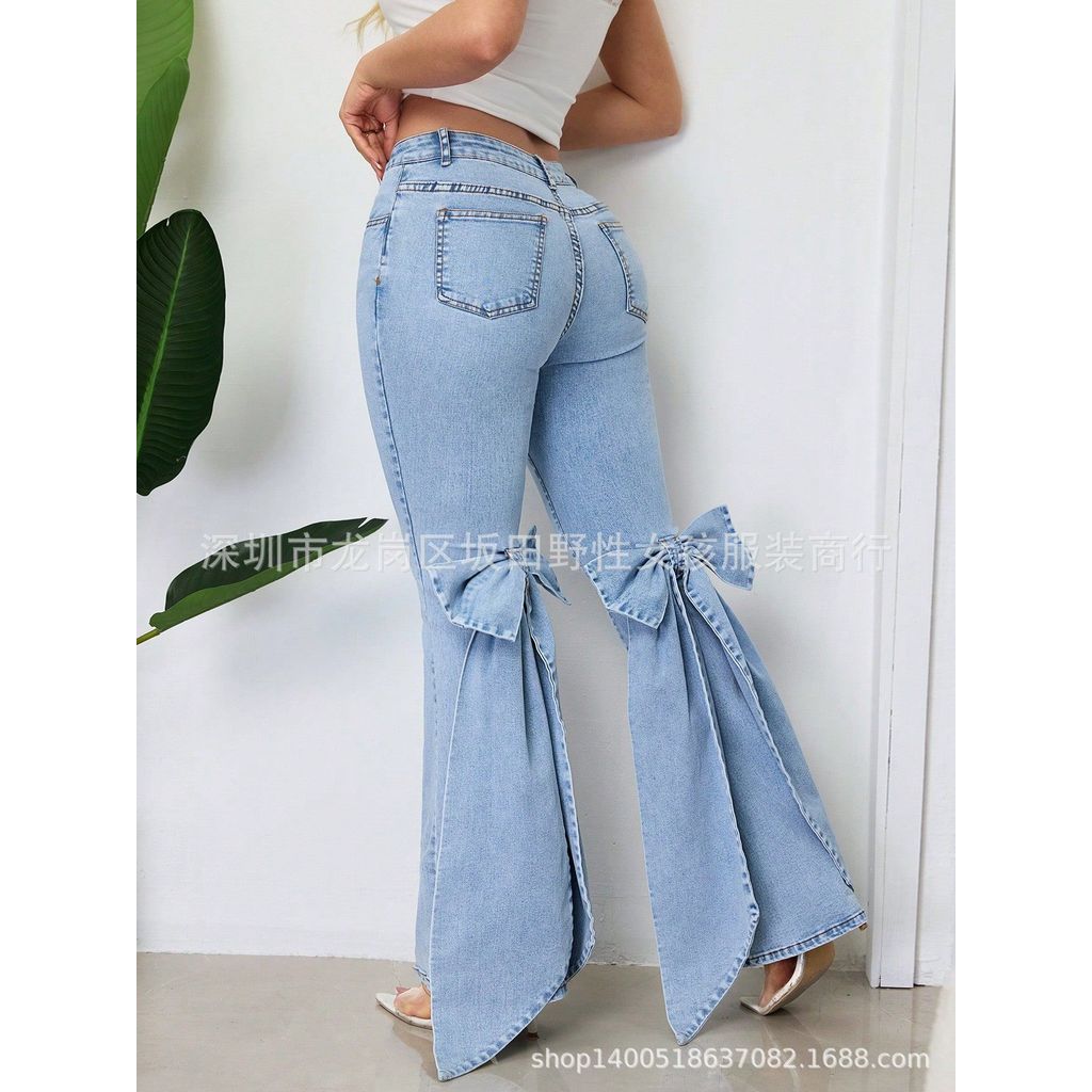 X-Ready Stock 16065#跨境欧美复古立体蝴蝶结修身中弹力拖地喇叭牛仔长裤20260130