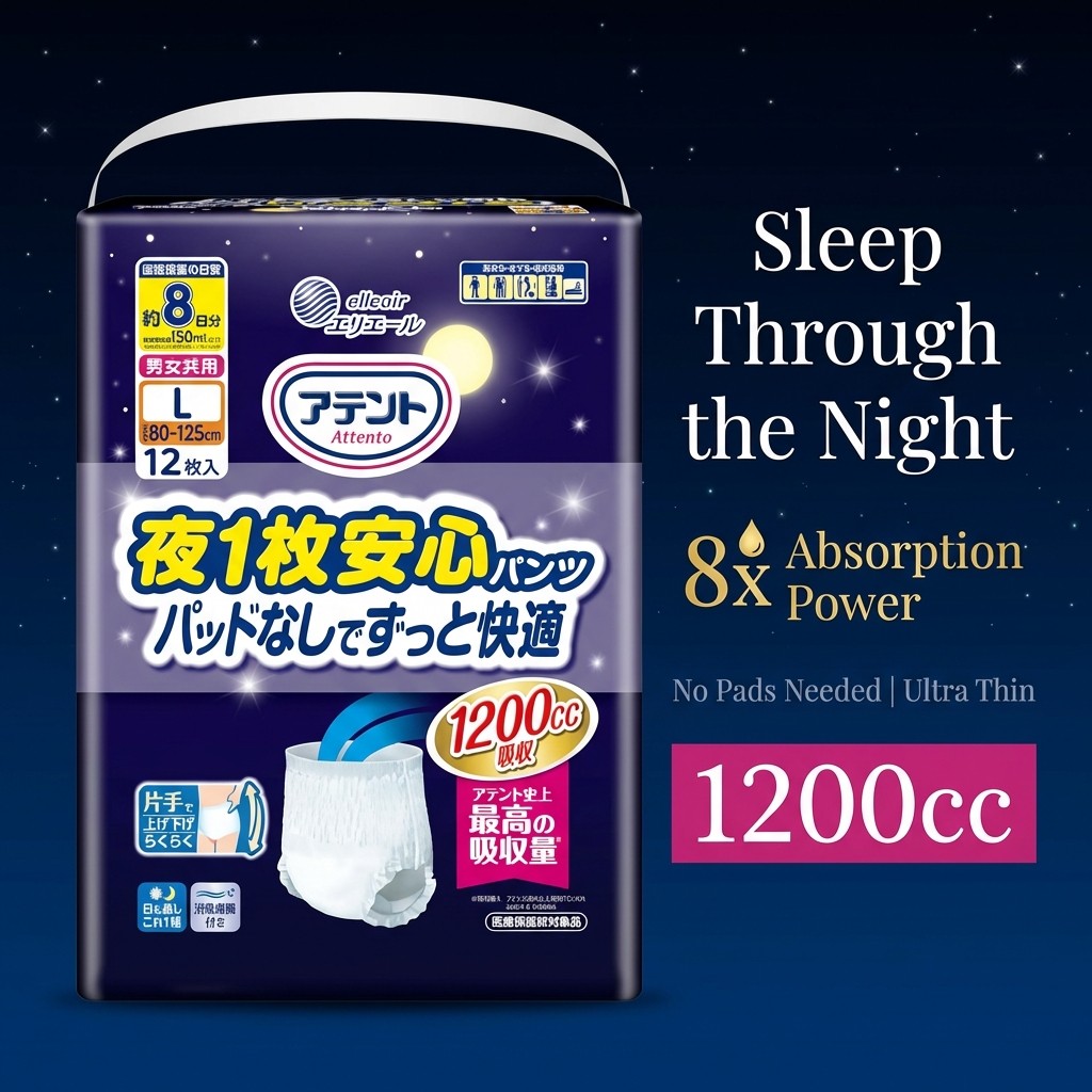 Attento Night Adult Diapers L Unisex, 8x Absorption, Comfortable Without Pads, Thin Type, 12 Pieces