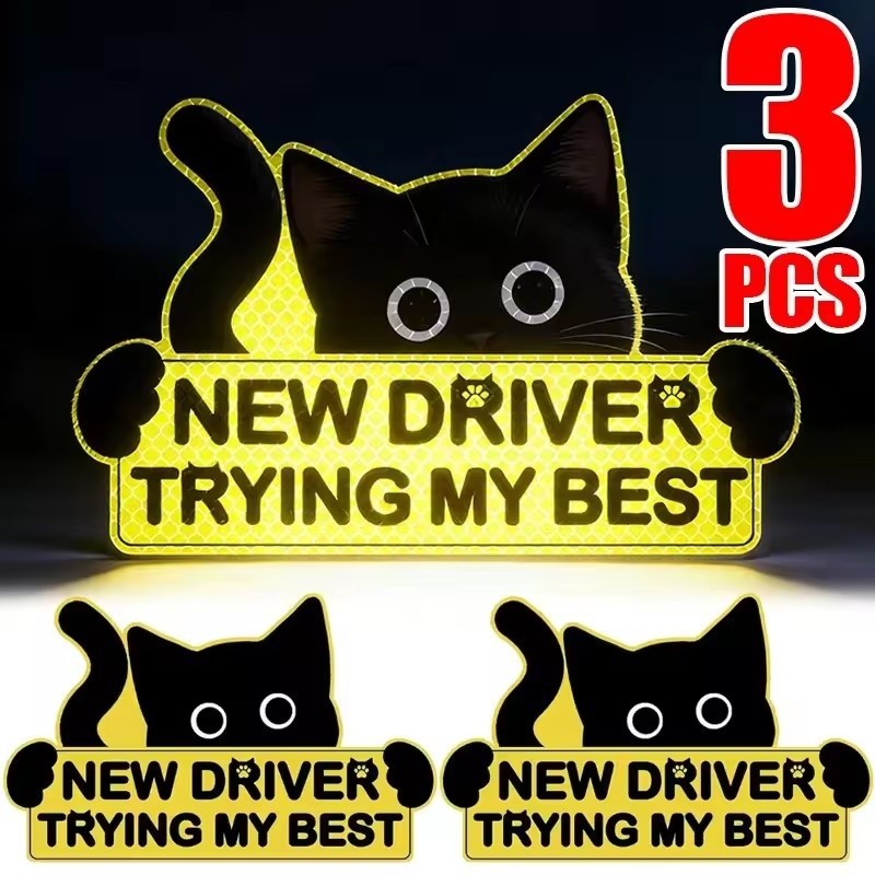 3 ชิ้น/เซ็ต Self-Adhesive ใหม่ Driver คําเตือนสะท้อนแสงแมวรูปแบบสติกเกอร์ - น่ารักการ์ตูนสีดําลูกแมวยานยนต์กันฝนรถยนต์ความปลอดภัย Decal