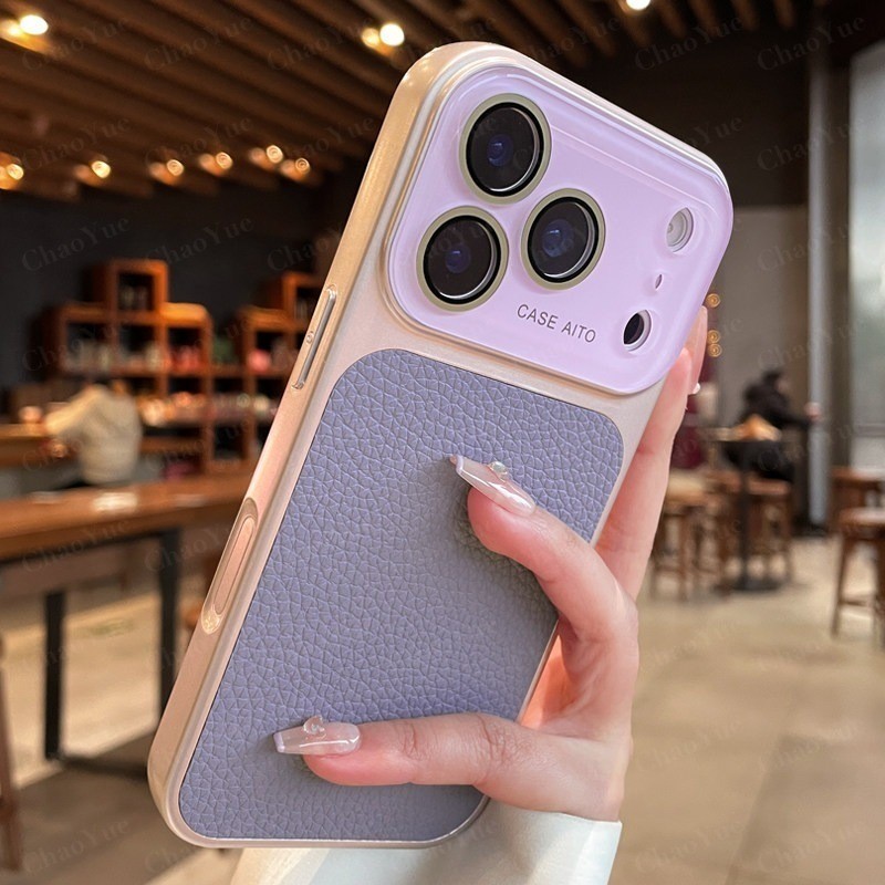 เคสโทรศัพท์หรู หนังแท้ ขนาดใหญ่ ลายลิ้นจี่ พร้อมฝาปิดเลนส์กระจก เคสคริสตัล เหมาะสำหรับ iPhone 17 16 15 14 13 Pro Max ป้องกันแรงกระแทก ป้องกันเลนส์กล้อง กันตก ฝาหลังแข็ง