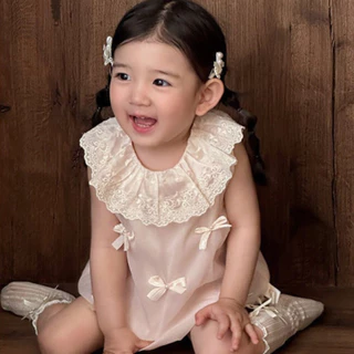 ชุดบอดี้สูทแขนกุดสำหรับเด็กหญิงวัย0-24เดือน สไตล์เจ้าหญิง ลายดอกไม้สีชมพู มีโบว์พร้อมสวมใส่งานวันเกิดและฤดูร้อน