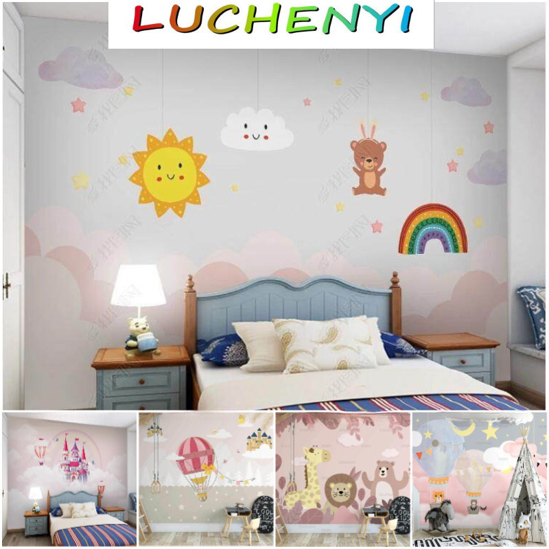 การ์ตูนที่กําหนดเอง Sun Clouds Hot Air บอลลูนภาพจิตรกรรมฝาผนัง Dreamy ปราสาทเด็กวอลล์เปเปอร์ห้องเด็ก