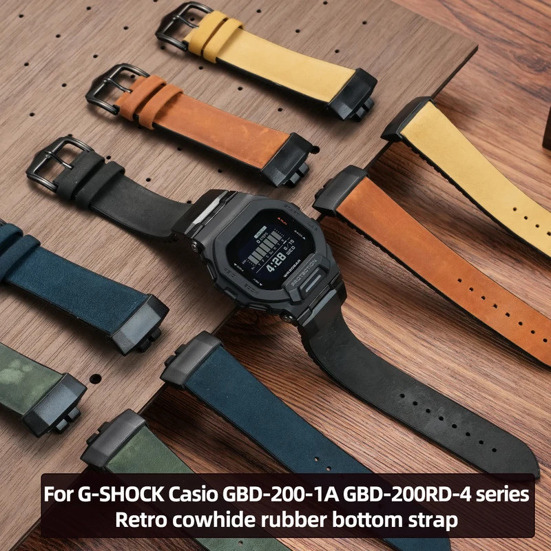GBD 200 สายนาฬิกาสําหรับ G-SHOCK Casio GBD-200-1A GBD-200RD-4 series Retro cowhide ยางด้านล่างนาฬิกา