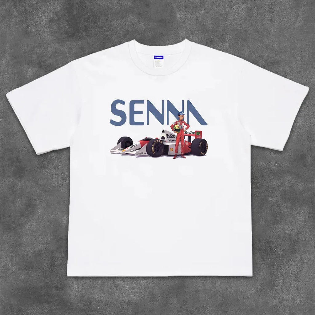 F1 racing car-themed printed short-sleeved T-shirt, cotton T-shirt with Senna car pattern