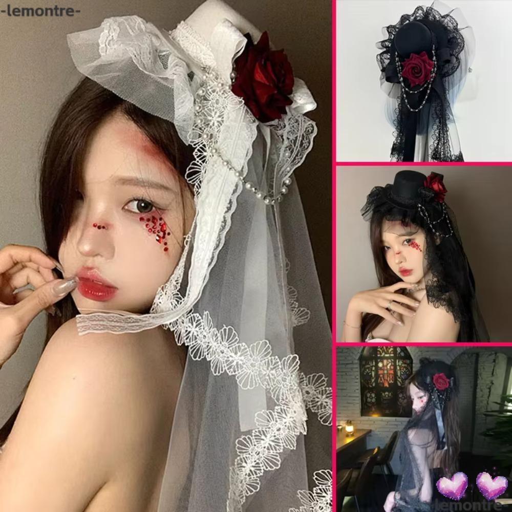 Lemontre Gothic Veil Rose หมวกดอกไม้BowDecor สีดำหรือขาว เครื่องประดับคอสเพลย์