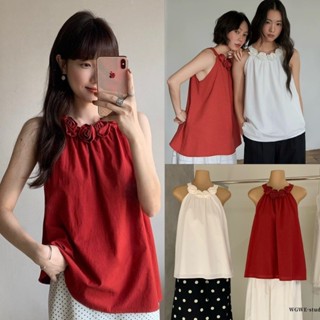 ❤ 🧵 🇰🇷 W8907 เสื้อแขนกุด แต่งผ้าเป็นดอกกุหลาบช่วงคอ ผ้าพริ้ว…