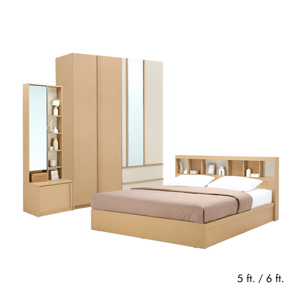 INDEX LIVING MALL ชุดห้องนอน รุ่นชิซูโอกะ (เตียง, ตู้เสื้อผ้า 4 บาน, โต๊ะเครื่องเเป้งแบบยืน) - สีโตเกียว โอ๊ค/หินทราย
