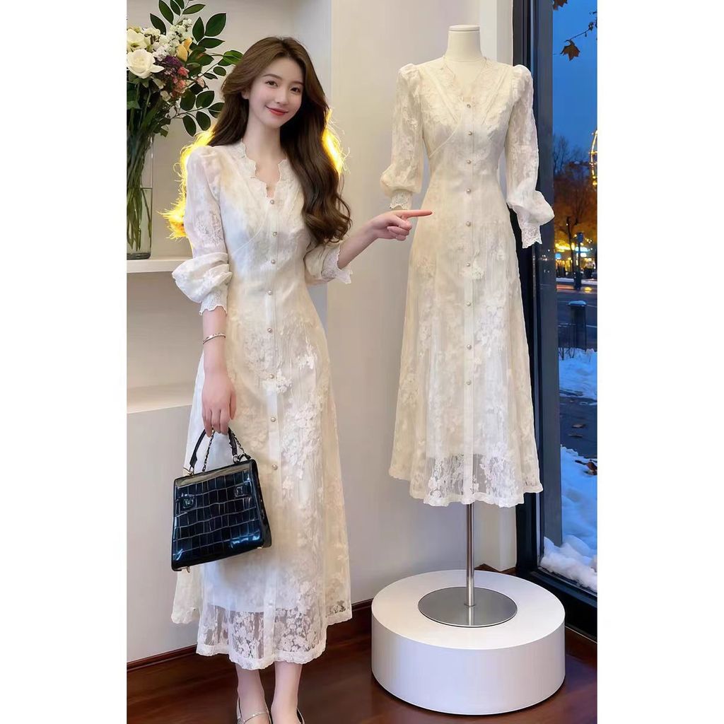 [จํากัดเวลาลด 30%] เซคคิล สไตล์ตะวันตกผู้หญิงขนาดบวกเสื้อผ้าบวกกํามะหยี่ จุดต่ําสุด สวมใส่อารมณ์ดาราปกแขนยาวชุด26ฤดูใบไม้ผลิลูกไม้สวยแคบ-เอว