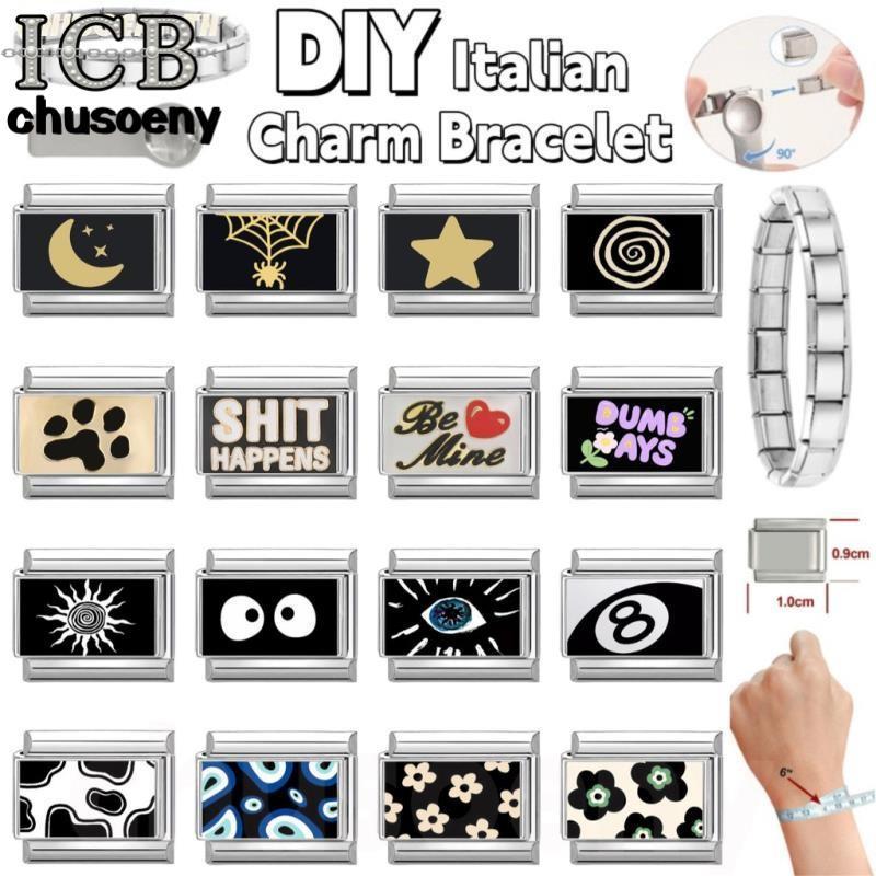 สร้อยข้อมือ charm อิตาเลียน สีดำ พิมพ์ลาย_links_fit_9mm แบบเรโทร DIY ตกแต่งด้วยดอกไม้และผีเสื้อ
