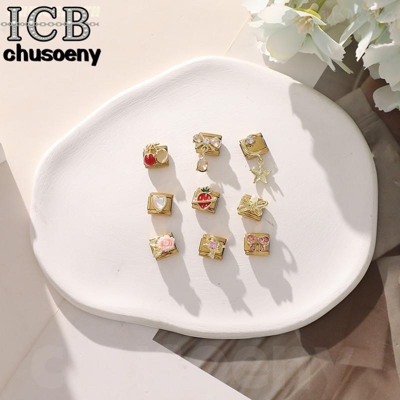 สตรอเบอร์รี่สีทองเชอร์รี่โบว์เพชรอิตาเลี่ยน Charm สร้อยข้อมือ Fit 9 มม.สร้อยข้อมือสแตนเลส DIY เครื่องประดับทําอุปกรณ์เสริม Retro บุคลิกภาพโมดูลสร้อยข้อมือเครื