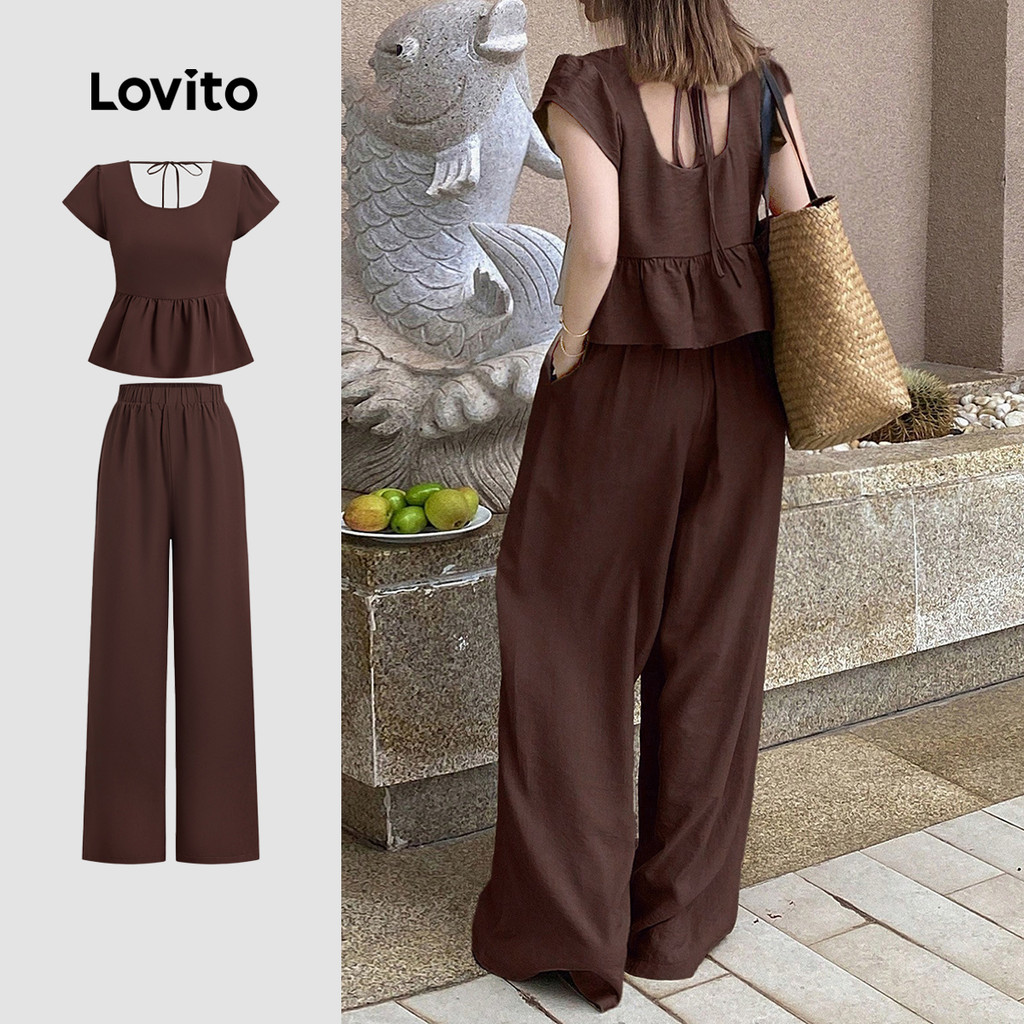 Lovito เสื้อหรือกางเกงทรงหลวมสไตล์แคชชวลสำหรับผู้หญิงช่วงฤดูใบไม้ผลิ/ฤดูร้อนที่มีโบว์ด้านหลัง L143ED854
