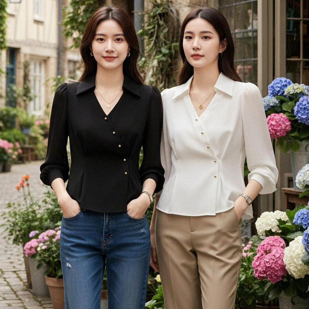 เสื้อเชิ้ตแขนยาว สตรี สไตล์ฝรั่งเศส ทันสมัย มีรูปลักษณ์หรูหรา ลวดลายเรียบง่าย เหมาะสำหรับไปทำงาน ทรงสลิม