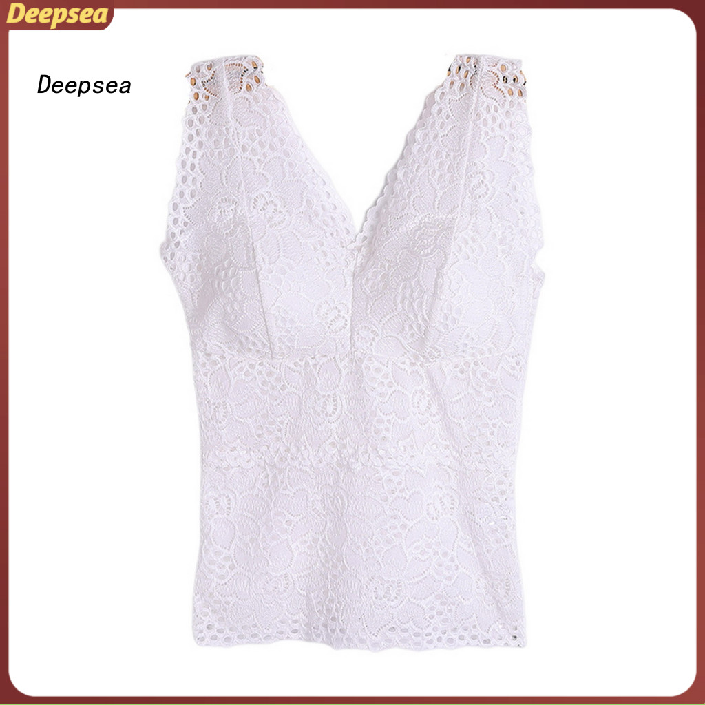 DPA เสื้อกล้าม V คอโครงกระดูก พร้อมสายสะพายสปาเก็ตตี้ เซ็กซี่ลายลูกไม้ยาว มีบราโครเชต์ภายใน