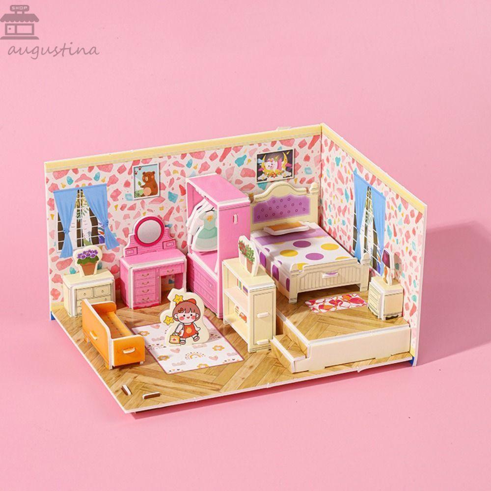 AUGUSTINA 3D Room รุ่นปริศนาของเล่น,ห้องครัวห้องนอน 3D Room กระดาษแข็ง, DIY ของเล่นเพื่อการศึกษา Han