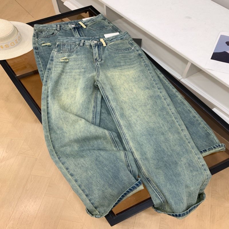 Spring Festival Delivery American Retro Jeans 2025 Frayed Design Loose Slimmer Look กางเกง E#20