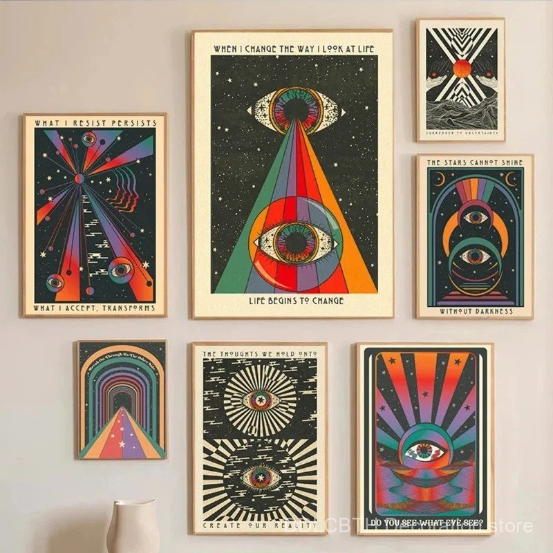 Retro Bohemian Psychedelic 70s โปสเตอร์คําคมสร้างแรงบันดาลใจสมาธิ Wall Art ภาพวาดผ้าใบภาพ Hippie Hom