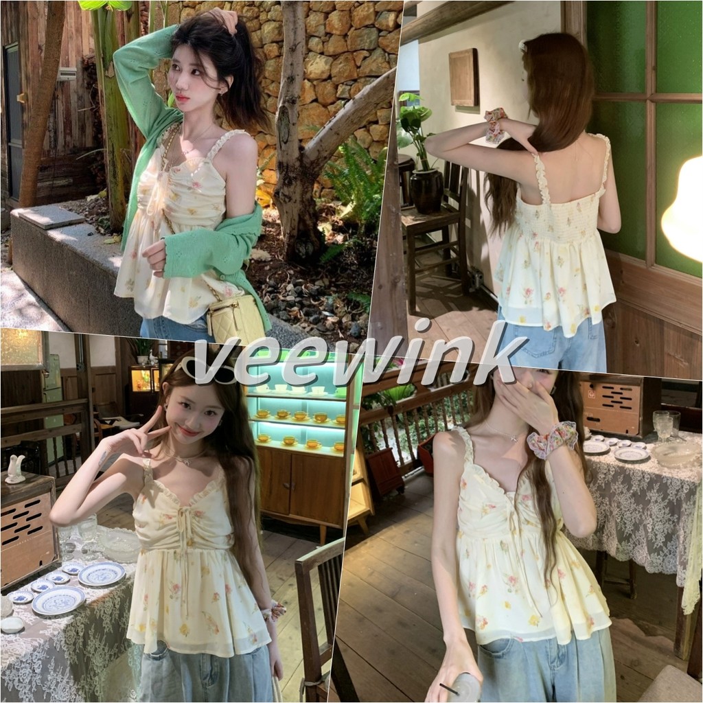 Veewink เสื้อเกาะอกลายดอกไม้ สไตล์เกาหลีฝรั่งเศส สดใส หวาน เซ็กซี่ เกาะอก ทรงเข้ารูป ลดน้ำหนัก แมทช์ง่าย