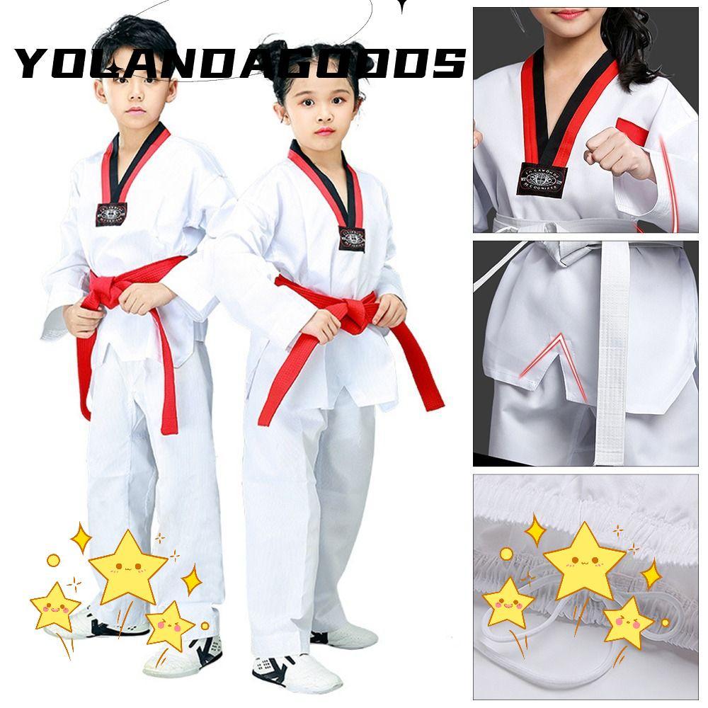 YOLA เด็ก TKD เครื่องแต่งกาย, ผ้าฝ้ายสีขาวเทควันโดเครื่องแบบ, แฟชั่นแขนยาว Professional V คอ WTF คาร