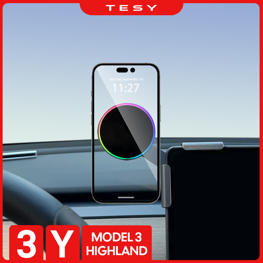 สําหรับ Tesla รุ่น 3/Y รุ่นใหม่ 3 + Highalnd 2024 ผู้ถือโทรศัพท์ในรถยนต์ 15W แม่เหล็ก Magsafe Macsaf