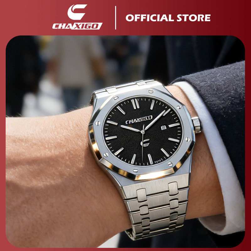 CHAXIGO นาฬิกาผู้ชาย กันน้ำ 100% ดีไซน์พรีเมียม ตัวเรือนสแตนเลส แสดงวันที่ กระจกแร่ สไตล์ธุรกิจ พร้อมส่ง CA043songkran
